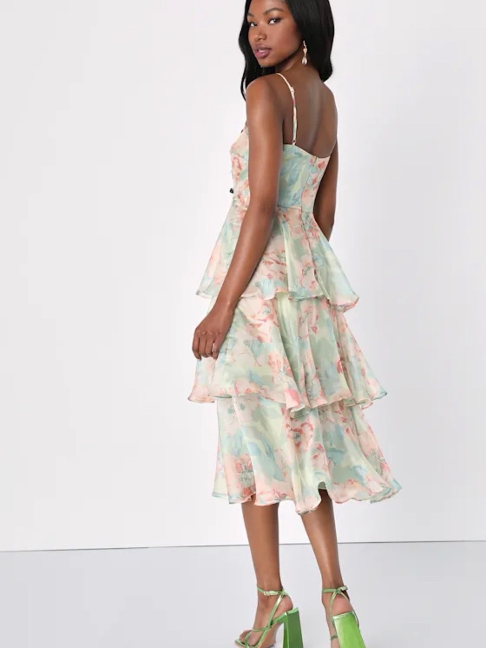 NWT Lulu's Pastel Mint and Pink Floral Tiered Midi Dress - Picture 9 of 9